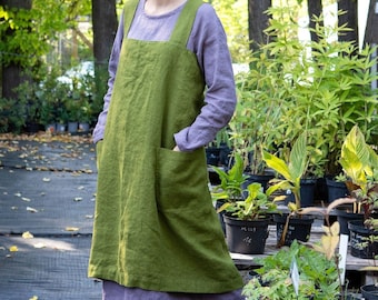 Practical and stylish workwear linen apron, Linen pinafore dress, Linen work square cross apron, Linen apron