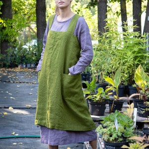 Practical and stylish workwear linen apron, Linen pinafore dress, Linen work square cross apron, Linen apron