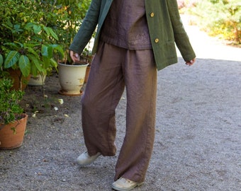 Loose linen pants, Wide leg linen pants with pockets, Casual linen trousers with elastic waistband