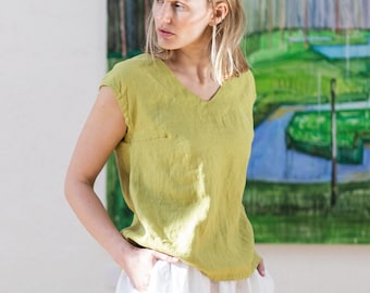 Linen Top in V neck, Linen top, Linen blouse, Linen shirt, Casual Linen Blouse