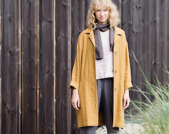 Schwere Leinenjacke mit tiefen Taschen Nora, Leinenmantel, Herbstleinenmantel