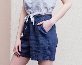 Linen shorts / High waist summer linen shorts / Loose linen shorts