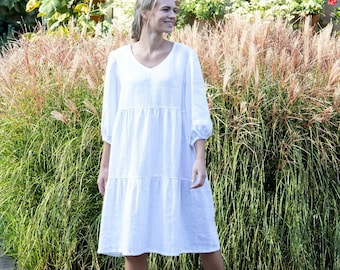 Petite tiered linen dress, Linen puff 3/4 sleeve dress, Linen dress, Petite puff sleeve tiered linen mini dress in white