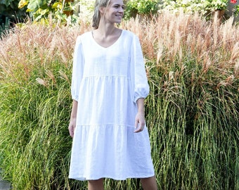 Linen dress, Linen puff 3/4 sleeve dress, Linen dress, Petite puff sleeve tiered linen mini dress in white