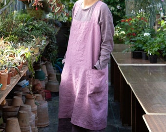 Linen Pinafore apron, Square Cross Linen Apron, Linen tunic apron, Work dress, Japanese Apron, Washed long apron with deep pockets, Linen