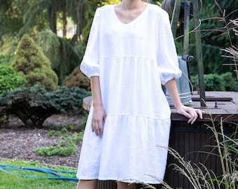 Tiered Linen Dress, Linen puff sleeve dress, Linen dress