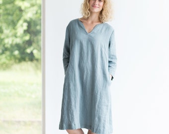 Linen dress, V-neck linen dress, Summer linen dress, Casual linen dress