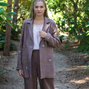 Linen jacket with embroidered butterflies / Linen suit blazer / Heavy weight linen jacket with pockets / Linen coat image 1
