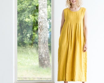 Linen flared sleeveless maxi dress, Linen pleated sleeveless dress, Linen dress