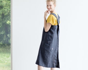 Linen Pinafore Apron Sophia, Washed long linen apron with deep pockets