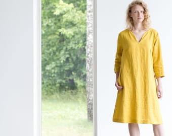 Linen dress with 3/4 sleeves/ V-neck linen dress/ Midi lenght linen dress/ LINENCLOUD CLOTHING