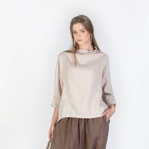 Women's high neck top/ Washed and soft linen top/ Natural linen blouse/ Loose linen blouse image 1