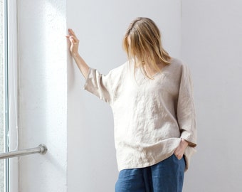 Washed linen tunic /V neck linen top / Linen kimono