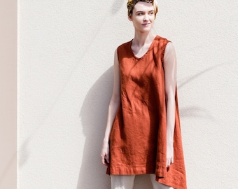 Linen dress / Asymmetrical, loose, knee length linen summer dress / Sleeveless linen dress