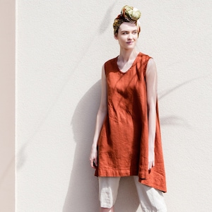 Linen dress / Asymmetrical, loose, knee length linen summer dress / Sleeveless linen dress