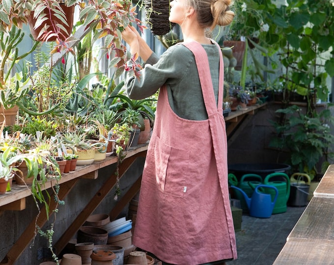 Wrap linen apron Charlotte, Linen pinafore apron, Linen apron with deep pockets