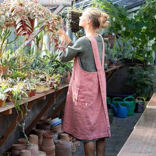 Wrap linen apron Charlotte, Linen pinafore apron, Linen apron with deep pockets