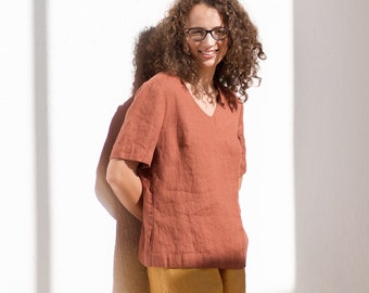 V-Shape Neck Linen Top Lily, Linen shirt, Comfortable linen top, Basic linen top