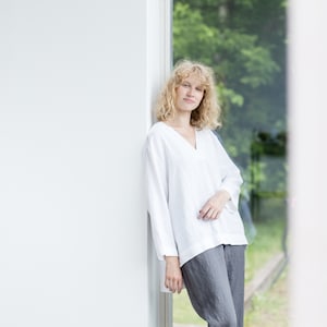 Natural linen top / Linen shirt in V neck / Washed linen blouse