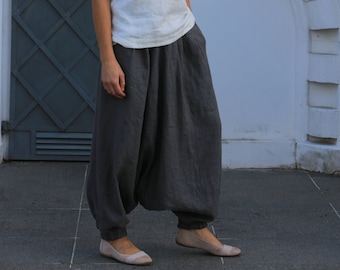 Loose linen pants / Linen pants / Washed linen pants / Harem pants with elastic waist and pockets / Linen trousers / Harem pants