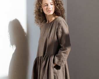 Linen dress with long sleeves Layla / Washed linen dress with pockets