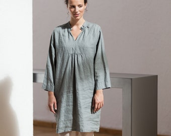 Loose fitted linen dress / Linen dress / Summer linen dress / V neck linen dress / Washed linen tunic / Linen tunic