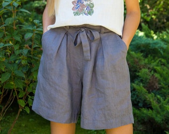 Linen shorts, Washed linen shorts with belt and pockets, Loose linen shorts, Wide linen shorts, Petite dad short with linen in stone