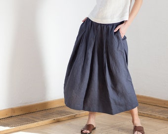 Linen skirt, Long loose linen skirt, Linen skirt with pockets, Plated linen skirt