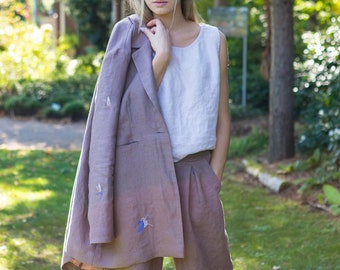 Linen jacket, Linen jacket with embroidered butterflies, Linen blazer, Heavy weight linen jacket with pockets, Linen coat