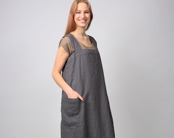 Linen Apron Sophia, Linen pinafore apron, Full linen apron