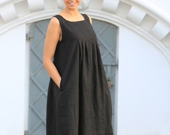 Maxi linen dress, Swing linen dress, Pleated land draped linen dress, Maxi fitted linen dress