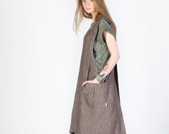 Linen apron dress, Wrap linen dress, Linen apron, Full linen apron, Lace Up linen dress