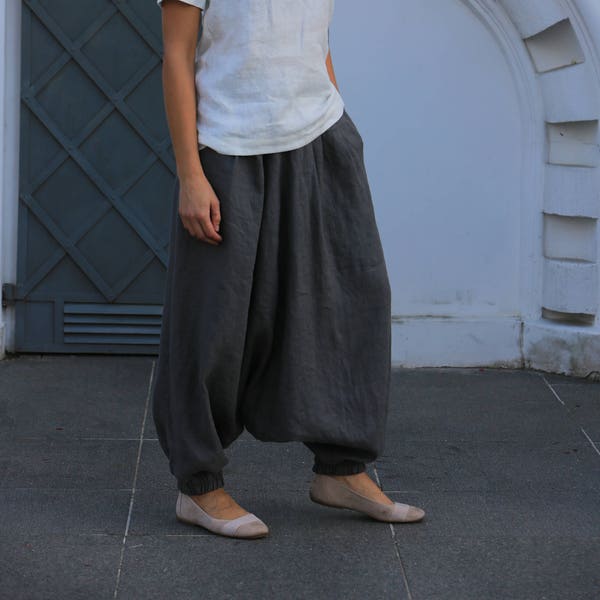 Pantalon en lin ample / Pantalon en lin / Pantalon en lin lavé / Sarouel avec taille élastique et poches / Pantalon en lin / Sarouel
