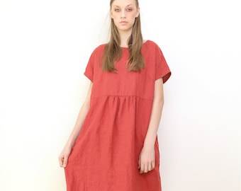 Smock linen dress / Midi linen dress / Linen sleeveless dress in raspberry / Linen dress available in 38 colors