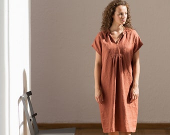 Lace-up V-neck linen dress / Linen dress / Washed linen dress