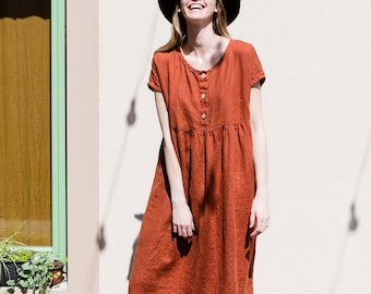 Short sleeve linen dress, linen dress for women, summer linen dress, linen dress with buttons
