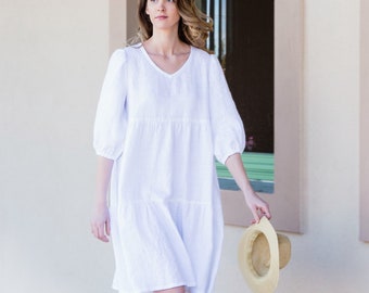 Dropped shoulders linen dress, Puffy sleeve linen dress, Linen dress, Summer linen dress