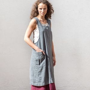 Linen pinafore apron, Pinafore style apron, Practical workwear linen apron, Linen apron