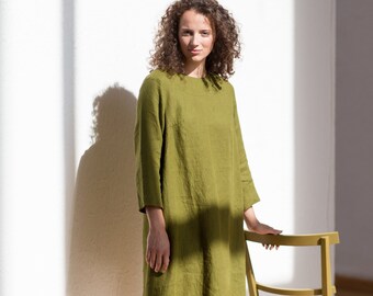 Loose fit linen dress Camila /  Washed and soft linen dress / Boat neck linen dress