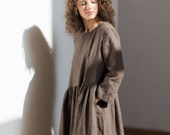Linen dress with long sleeves Layla / Loose smock linen dress with pockets