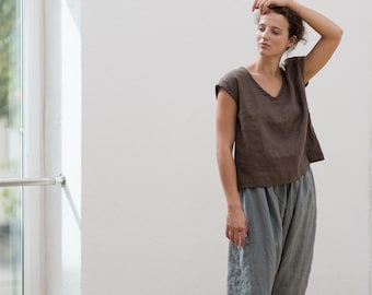 Linen top in V neck, Linen top, Kimono linen top, Linen blouse