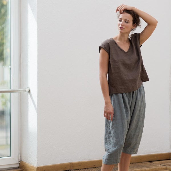 Linen top in V neck, Linen top, Kimono linen top, Linen blouse