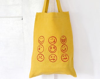 Embroidered linen tote bag SMILES / Funny embroidered bag / Linen Beach Bag / Natural Tote Bag / Cool gift