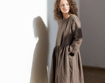 Loose linen dress with long sleeves Layla, Round neck linen dress available, Linen dress