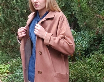 Linen coat in heavy linen fabric, Linen coat, Linen jacket with pockets, Fall linen coat