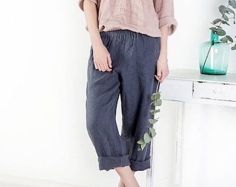 Linen pants, Washed linen trousers, Loose linen trousers, Linen trousers with pockets