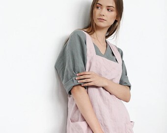 Linen apron Sophia, Linen pinafore apron, Full linen apron