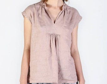 Linen blouse / Linen / Linen top / Washed linen blouse with decoration / V neck linen top