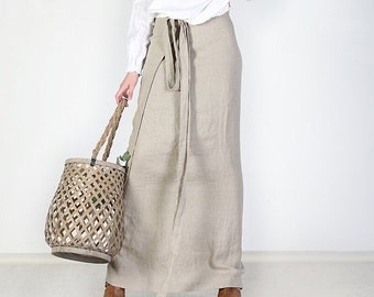 Long linen wrap skirt, Wrap linen skirt, Waisted long linen skirt, Maxi linen skirt