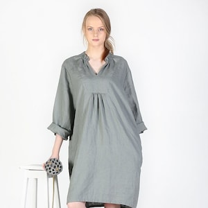 Loose fitted linen dress, Linen dress in V neck